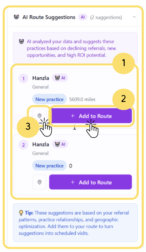 AI Route Suggestions screen
